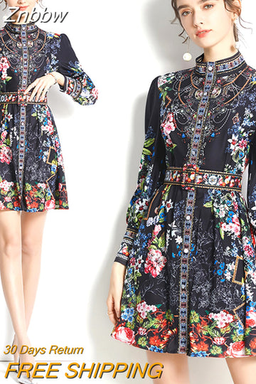 Znbbw New Fashion Runway Spring Women Lantern Long Sleeve Multicolor Floral Print Dress Boho Holiday Beach Ladies Mini Dress